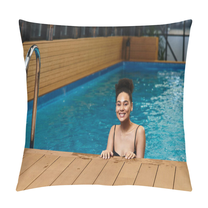 Personality  A Young Chic Woman Smiles Happily While Relaxing At A Calm Spa Pool. Pillow Covers