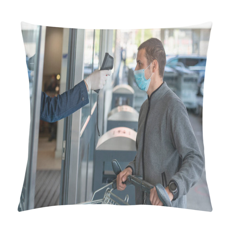 Personality  Temperature Check At A Supermarket Of Man, Grocery Store With Thermal Imaging Camera. Image Monitoring Scanner To Monitor The Body Temp Of Visitor Customer Pillow Covers