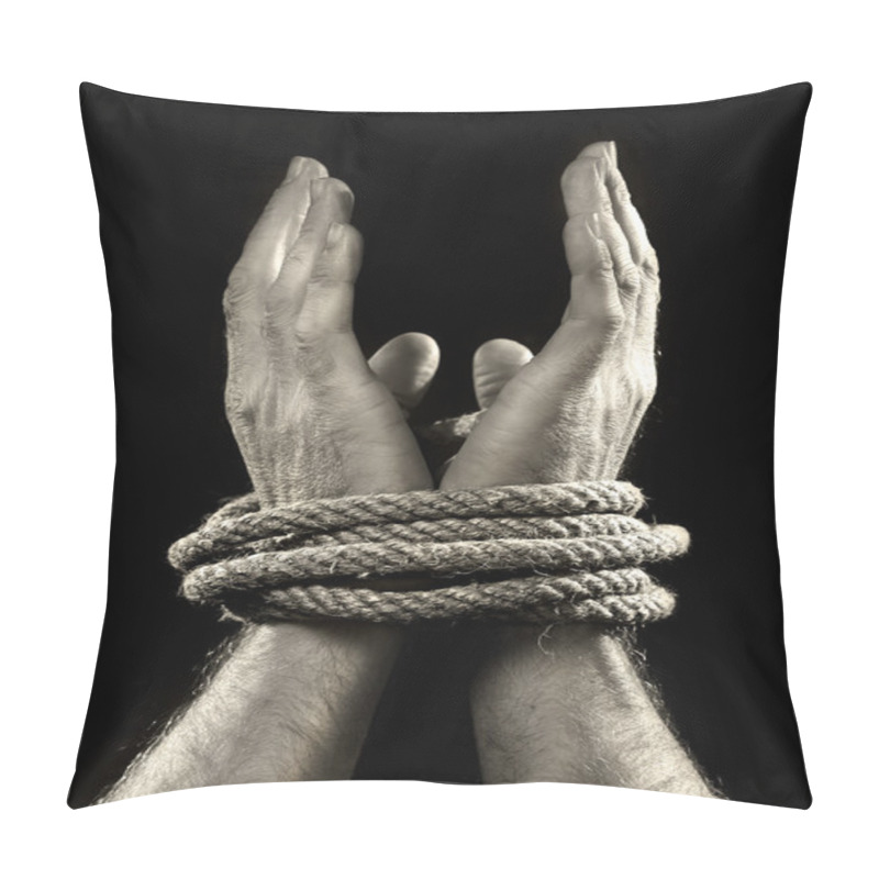 Personality  White Man Hands Wrapped With Rope Around Wrists In Victim Abused In Captivity, Slave Of Work And Respect For Human Rights Concept Pillow Covers