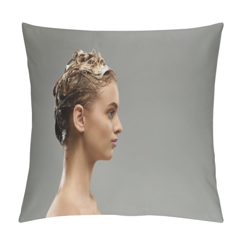 Personality  Pretty Woman Applying Hair Care Product And Washing Hair. Pillow Covers