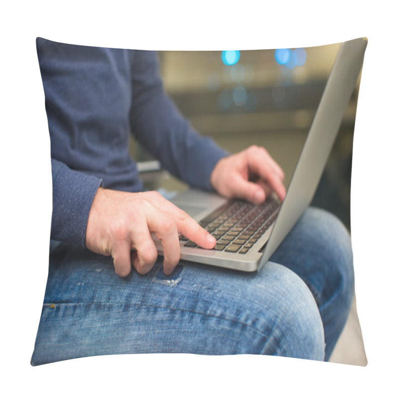 Personality  Businessman Using Laptop Or Notebook Computer While Sitting On The Chair At The Airport Pillow Covers