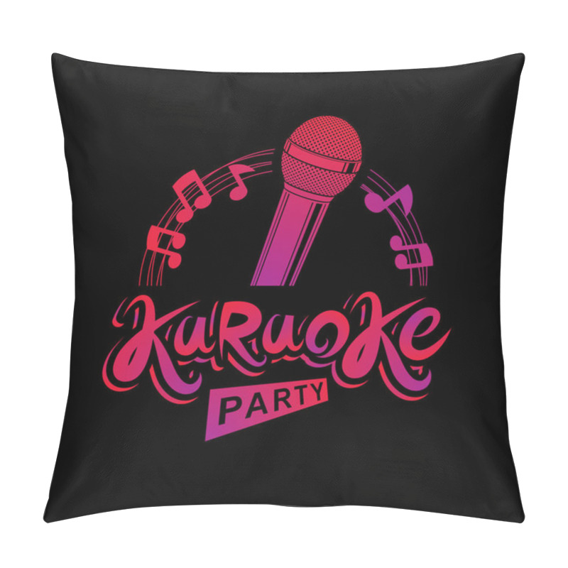 Personality  Karaoke Party Invitation Poster, Live Music Vector Concert Advertising Leaflet Composed Using Stage Or Recorder Microphone And Musical Notes. Pillow Covers