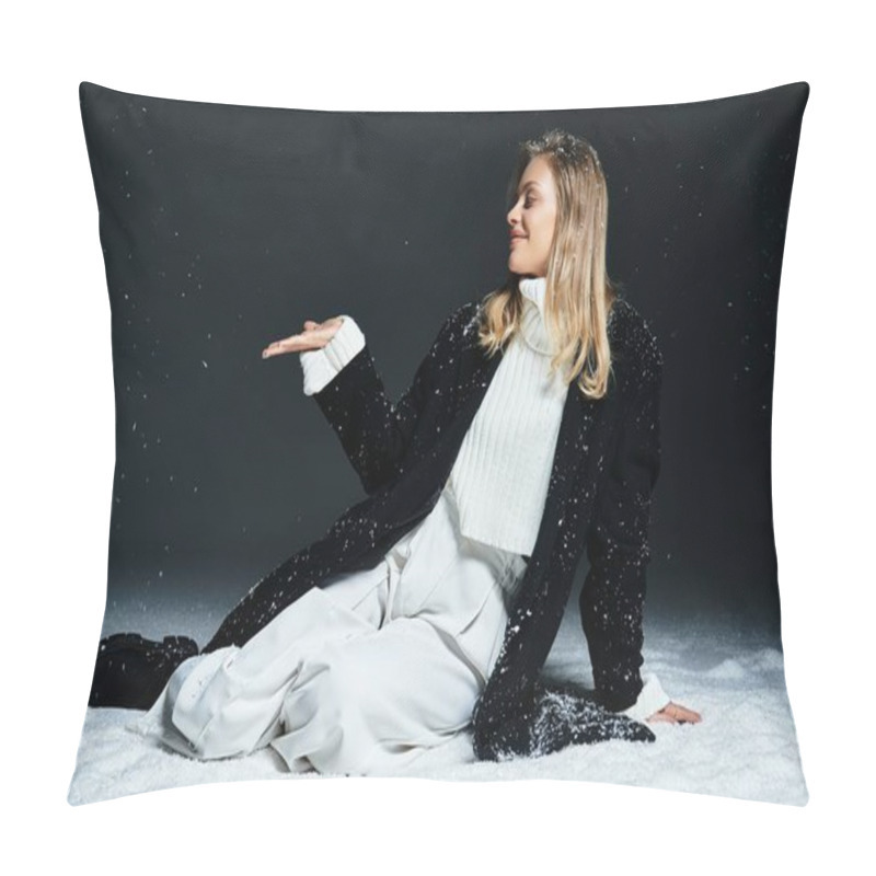 Personality  A Young Woman Playfully Dances With Falling Snowflakes In A Winter Wonderland. Pillow Covers