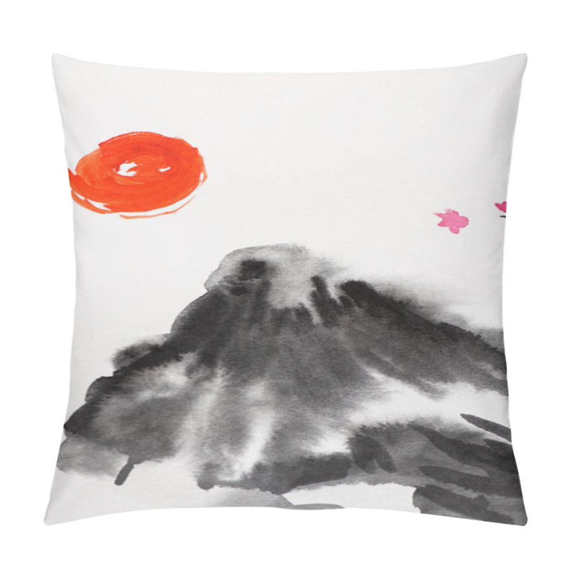 Personality  Japanese Painting With Sun, Flowers And Hill On White Background Pillow Covers