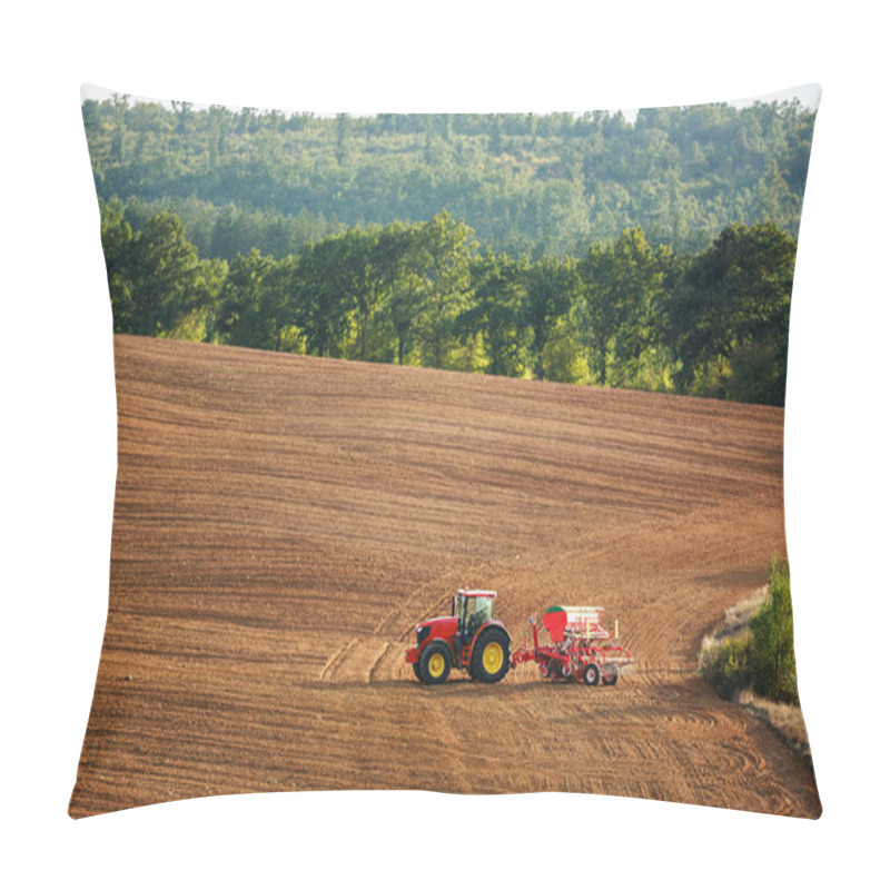 Personality  Farmer With Tractor Seeding Crops At Field Pillow Covers