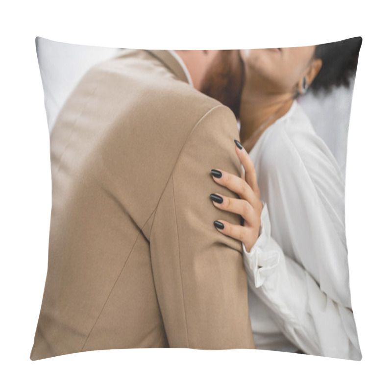 Personality  Cropped View Of Bearded Man Kissing Neck Of African American Woman In Office  Pillow Covers