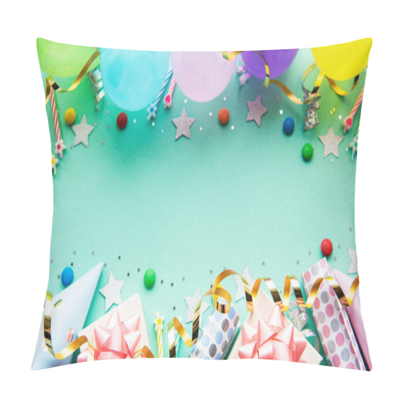 Personality  Happy Birthday Or Party Background.  Flat Lay Wtih Birthday Balloons , Confetti And Ribbons On Pastel Green Background. Top View.  Copy Space. Pillow Covers