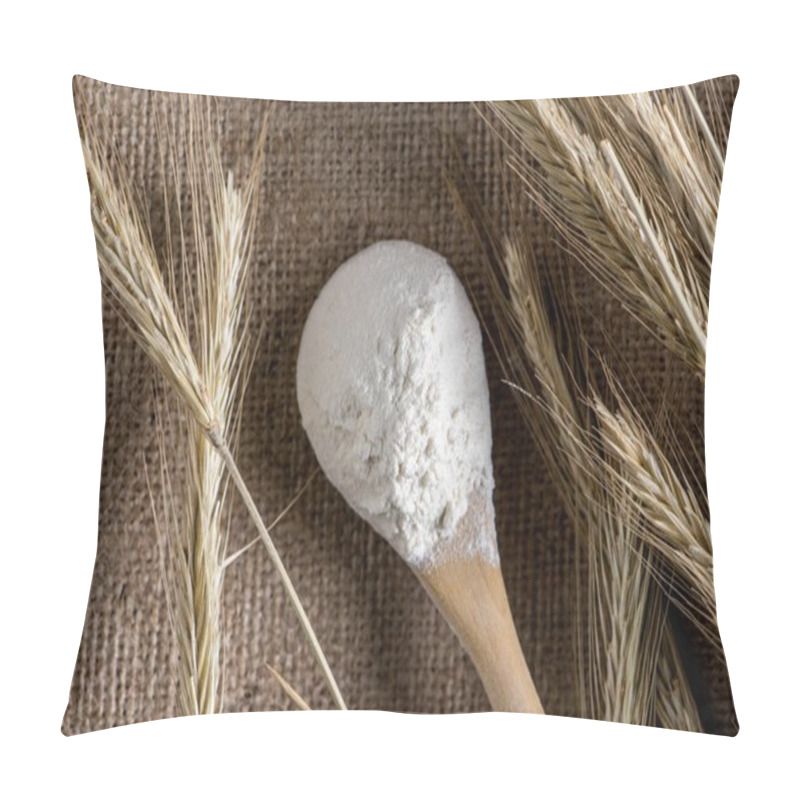 Personality  Close Up View Of Flour In Wooden Spoon And Wheat On Sackcloth Pillow Covers