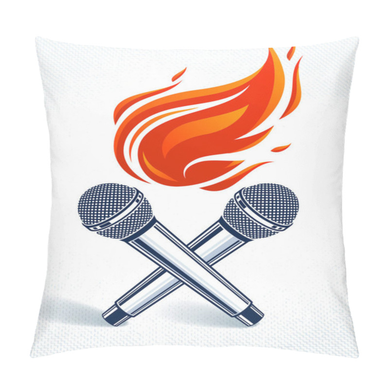 Personality  Two Microphones Crossed On Fire, Hot Mic In Flames, Rap Battle Rhymes Music, Karaoke Singing, Vector Logo Or Illustration, Concert Festival Or Night Club Label, T-shirt Print. Pillow Covers