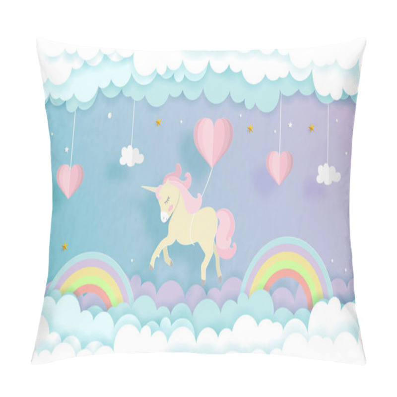 Personality  A Unicorn Flying With Heart Balloons In The Sky, Cute Unicorn In Paper Cut Style. Vector Illustration Pillow Covers