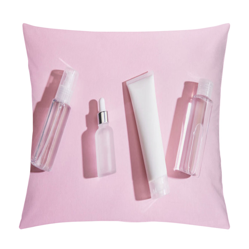 Personality  Top View Of Skincare Set On Pink Background Pillow Covers