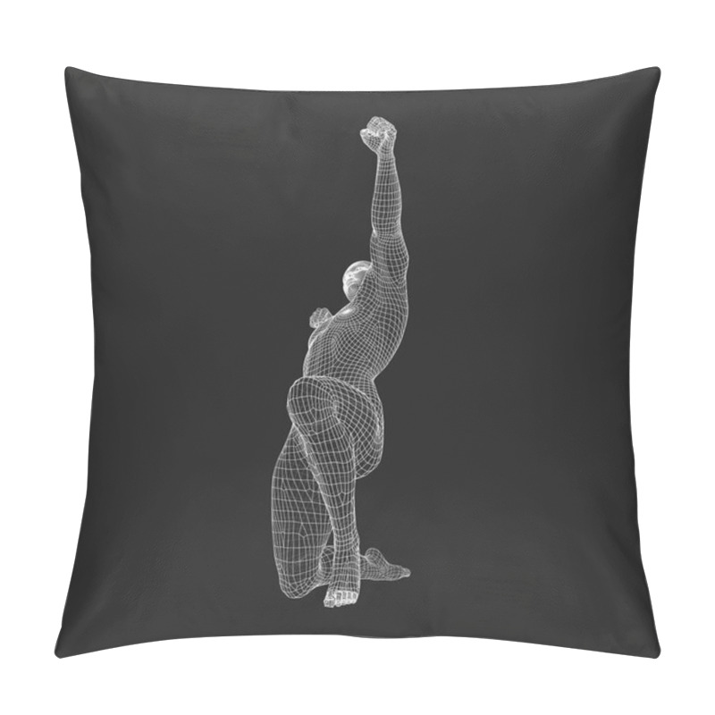 Personality  Human With Arm Up. Silhouette For Sport Championship. The Victory Celebration. 3D Model Of Man. Vector Illustration. Pillow Covers