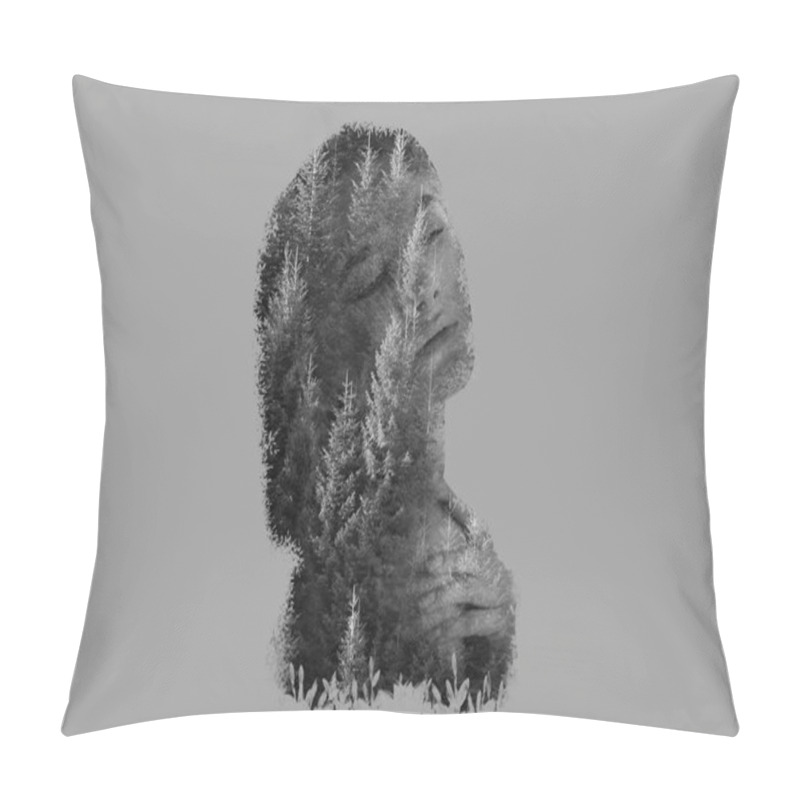 Personality  Double Exposure Of Beautiful Woman With Closed Eyes And Trees Isolated On Grey Pillow Covers