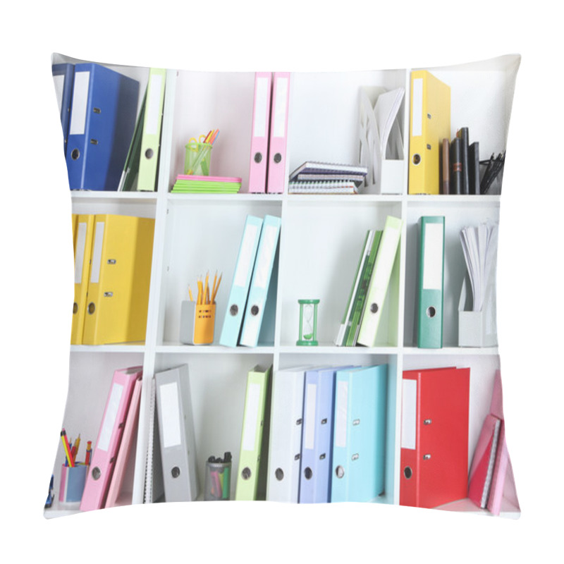 Personality  White Office Shelves With Folders And Different Stationery, Close Up Pillow Covers