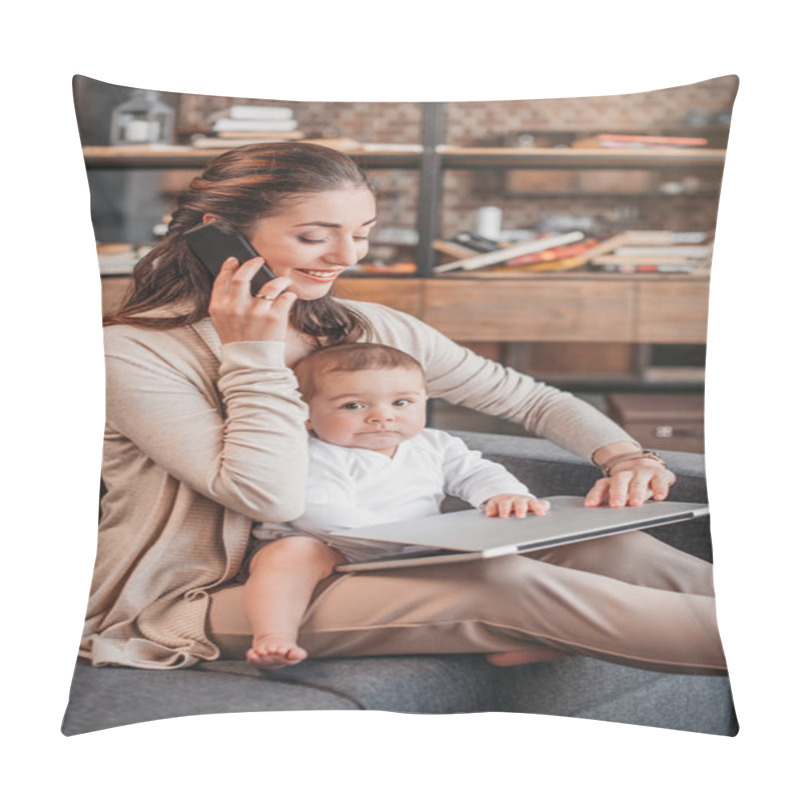 Personality  Mother With Her Son Using Laptop Pillow Covers