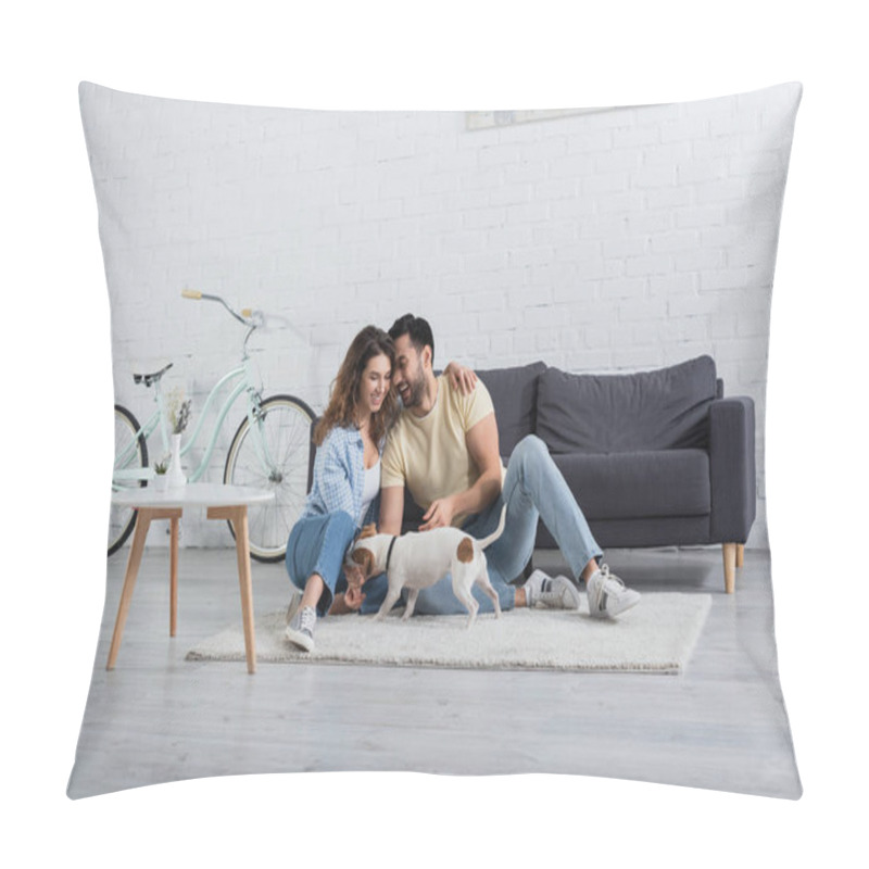 Personality  Cheerful Interracial Couple Hugging Near Jack Russell Terrier In Modern Living Room Pillow Covers