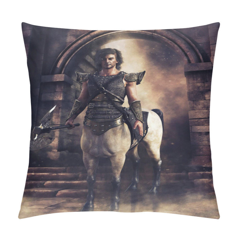 Personality  Fantasy Centaur Warrior Standing With A Battle Axe In Front Of A Castle Gate. 3D Render. Pillow Covers