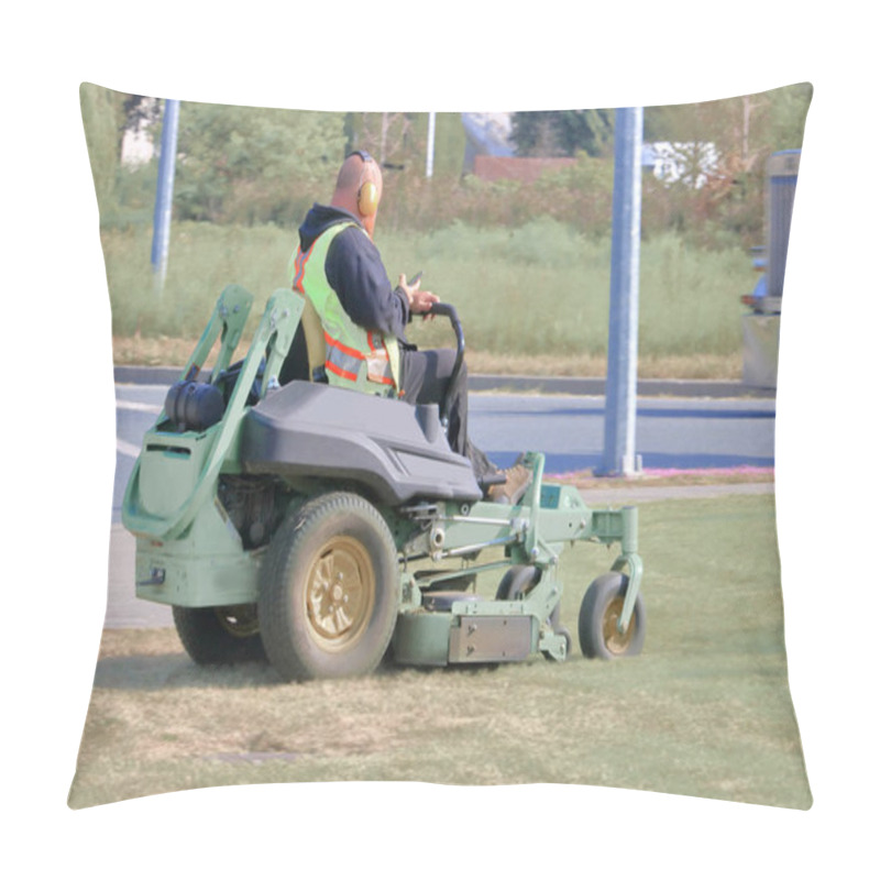 Personality  An Employee Cutting City Grass Is Texting While Driving The Machine.  Pillow Covers