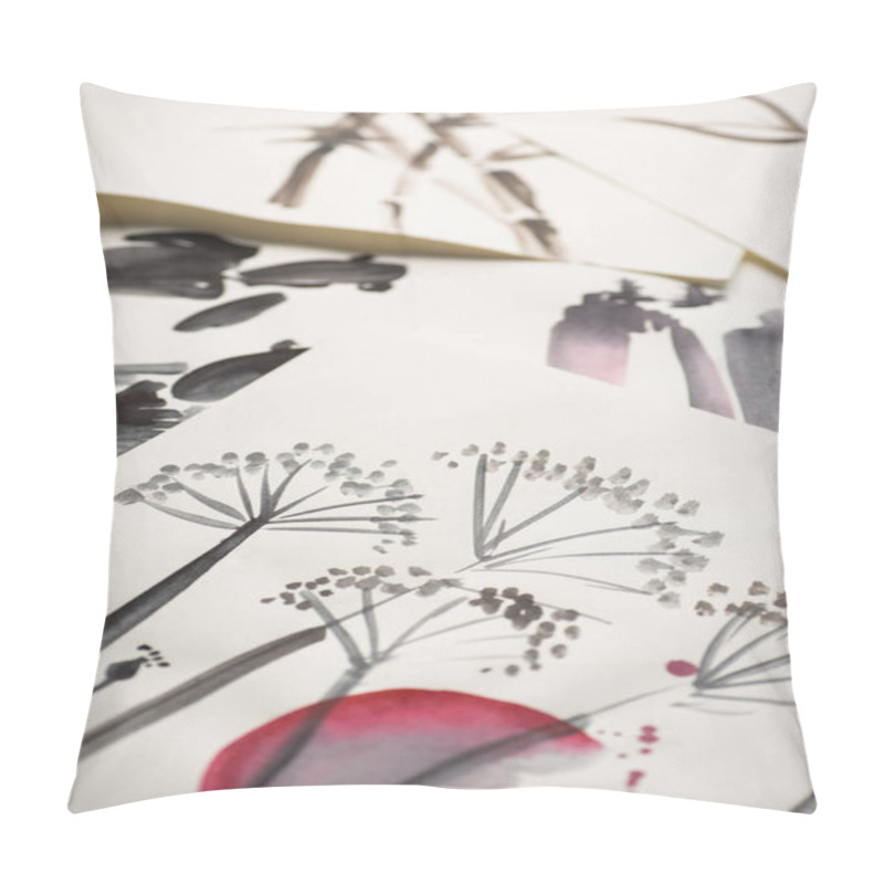 Personality  Selective Focus Of Paper With Japanese Painting On Surface Pillow Covers