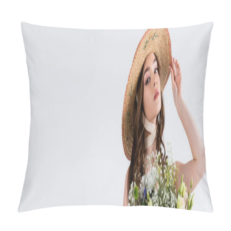 Personality  Woman In Straw Hat Looking At Camera Near Flowers Isolated On Grey, Banner  Pillow Covers