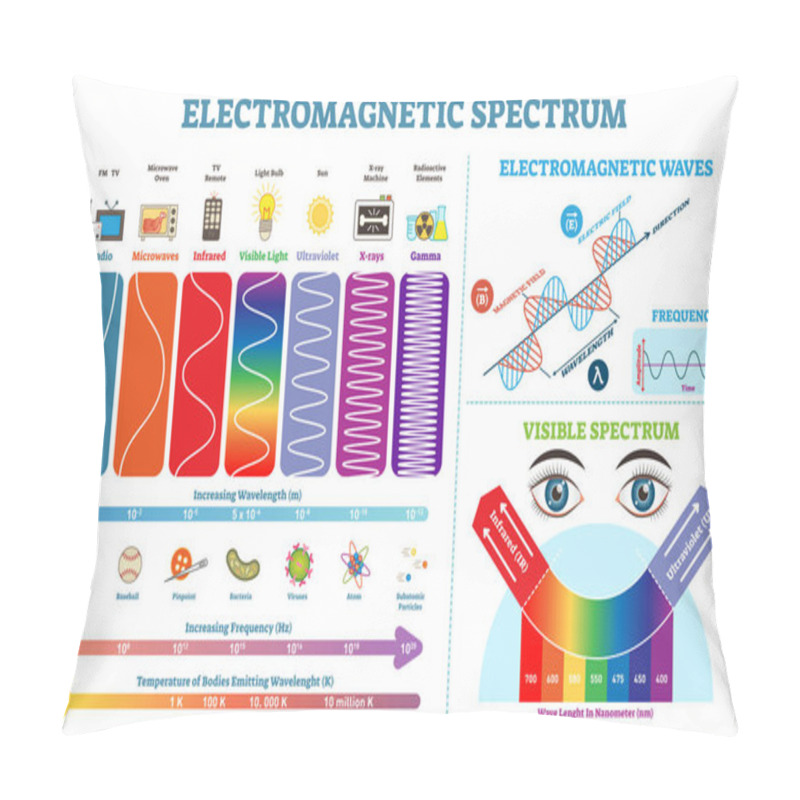 Personality  Full Electromagnetic Spectrum Information Collection, Vector Illustration Diagram With Wave Lengths, Frequency And Temperature. Electromagnetic Wave Structure Scheme. Physics Infographic Elements. Pillow Covers