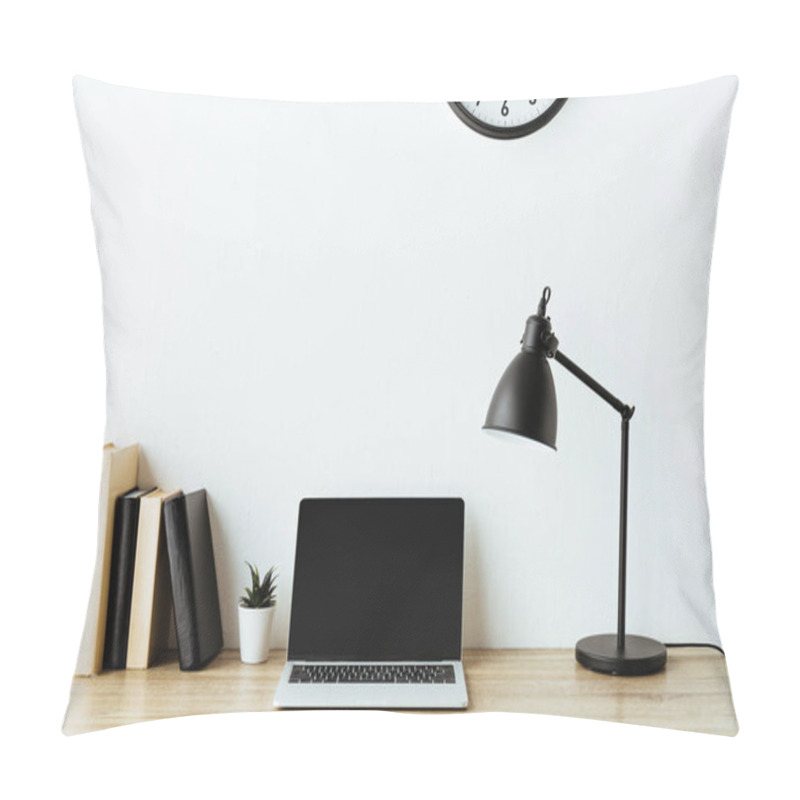 Personality  Laptop With Blank Screen On Work Desk In Front Of White Wall Pillow Covers