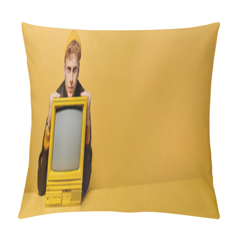 Personality  A Stylish Young Redhead Models Trendy Winter Wear And Leaning On A Retro TV Against A Yellow Background, Banner Pillow Covers