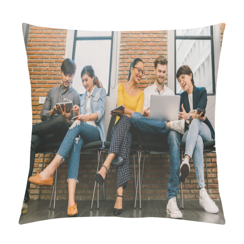 Personality  Multiethnic Diverse Group Of Young And Adult People Using Smartphone, Laptop Computer, Digital Tablet Together. Modern Lifestyle With Information Technology Gadget, Education, Social Network Concept Pillow Covers