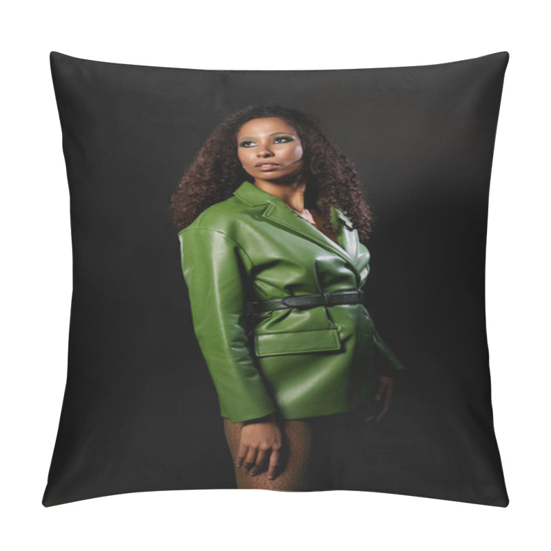 Personality  A Beautiful Woman Showcases Confidence In A Bold Green Outfit, Radiating Elegance And Poise. Pillow Covers