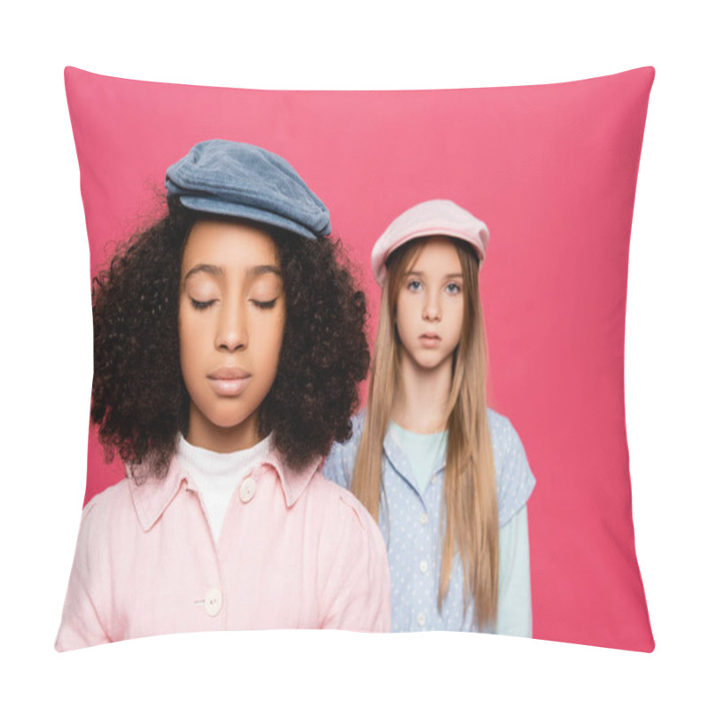 Personality  Interracial Girls In Stylish Clothes And Caps Posing Isolated On Pink Pillow Covers