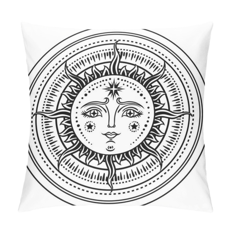 Personality  Vintage Hand Drawn Sun-Moon. Retro Illustration Face Of The Sun, Sun Tattoos, Vintage Graphics. Vector  Illustration. Pillow Covers