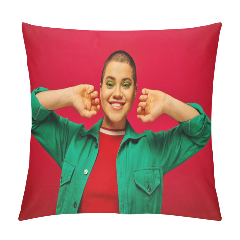 Personality  Fashion Statement, Cheerful And Short Haired Woman In Green Outfit Posing On Red Background, Generation Z, Youth Culture, Modern Backdrop, Individuality, Personal Style, Looking At Camera Pillow Covers