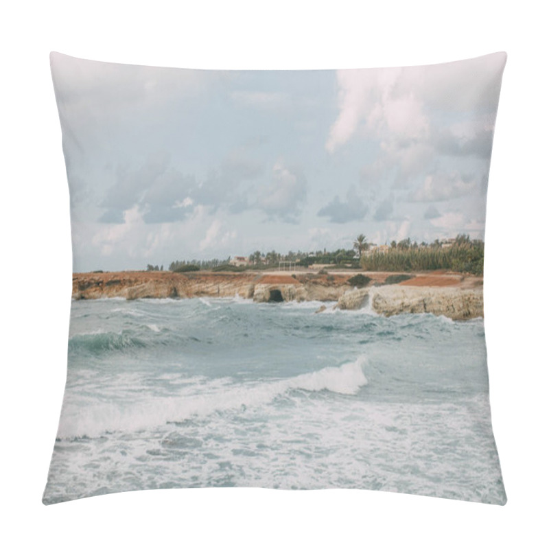 Personality  Coastline Of Mediterranean Sea Against Blue Sky With Clouds  Pillow Covers