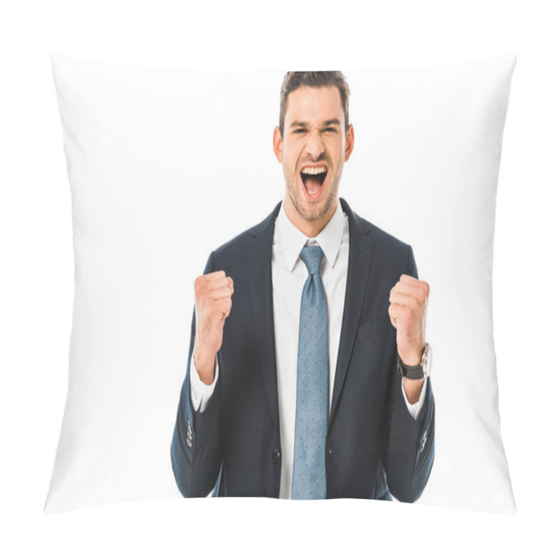 Personality  Handsome Pleased Businessman Shouting And Rejoicing Isolated On White Pillow Covers