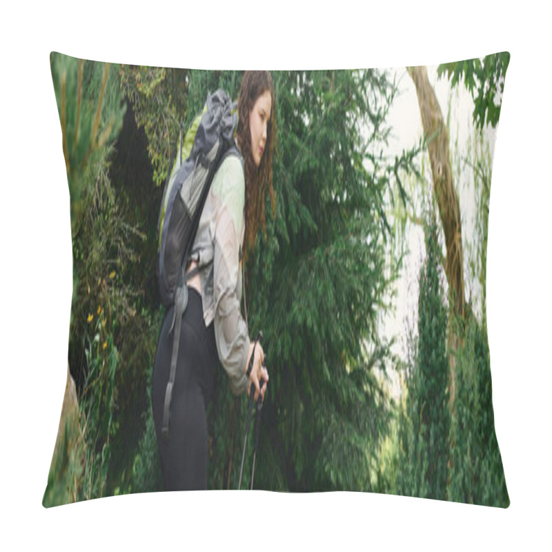 Personality  A Confident Plus Size Woman Enjoys A Peaceful Stroll Through A Vibrant Forest Surrounded By Greenery. Pillow Covers