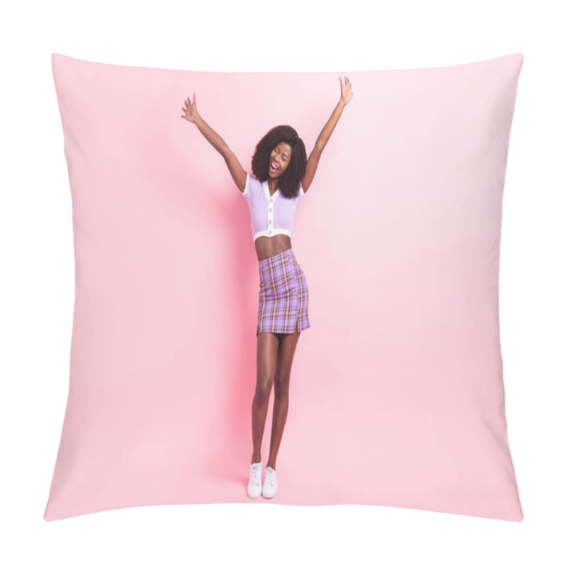 Personality  Full Length Body Size View Of Pretty Cheerful Thin Girl Having Fun Good Mood Isolated Over Pink Pastel Color Background Pillow Covers