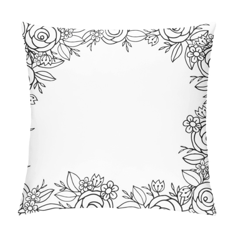 Personality  Doodle Flower Hand Drawn Floral Square Frame Featuring Roses, Daisies, And Leaves In Monochrome. Perfect For Coloring Pages, Invitations, And Minimalist Designs Pillow Covers