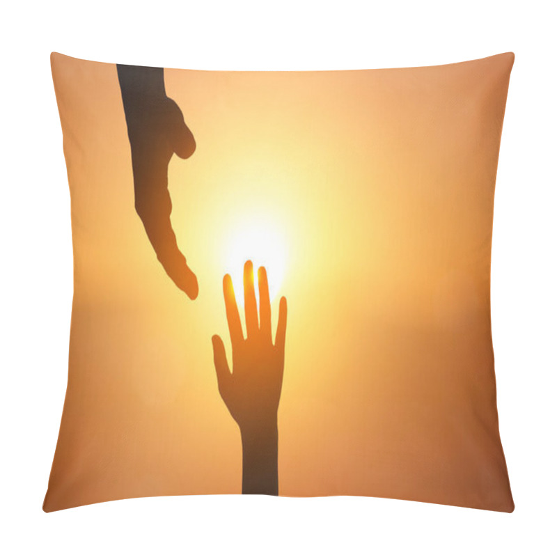 Personality  Silhouette Of Hand Helping On Sunset Background  Pillow Covers