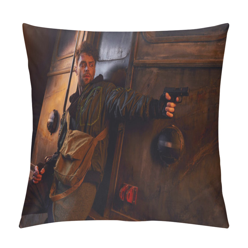 Personality  Unshaven Man Hiding Behind Carriage And Aiming With Gun In Abandoned Subway, Post-disaster Survival Pillow Covers