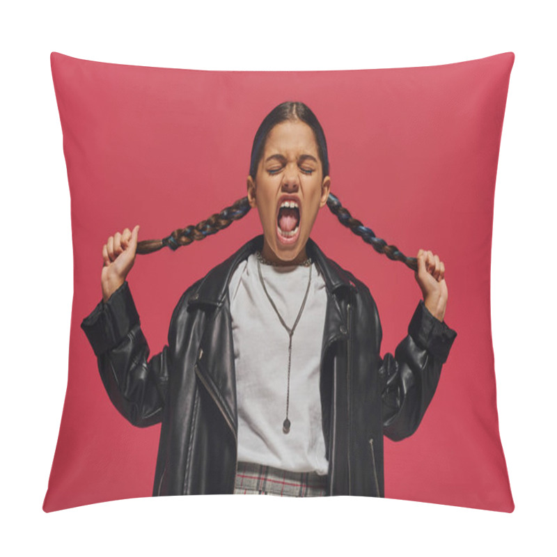 Personality  Mad And Fashionable Preadolescent Girl Screaming And Touching Hairstyle While Posing In Leather Jacket And White T-shirt And Standing Isolated On Red, Girl With Cool And Contemporary Look Pillow Covers