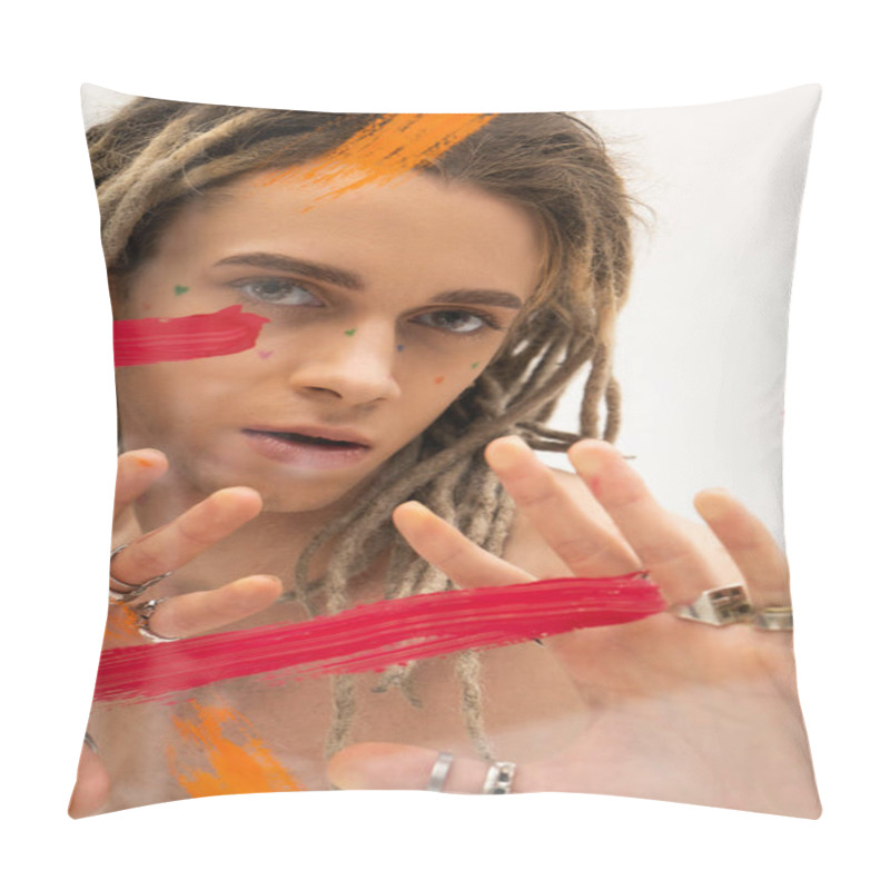 Personality  Portrait Of Queer Model With Dreadlocks And Silver Rings Looking At Camera Near Paint Strokes On White Background Pillow Covers