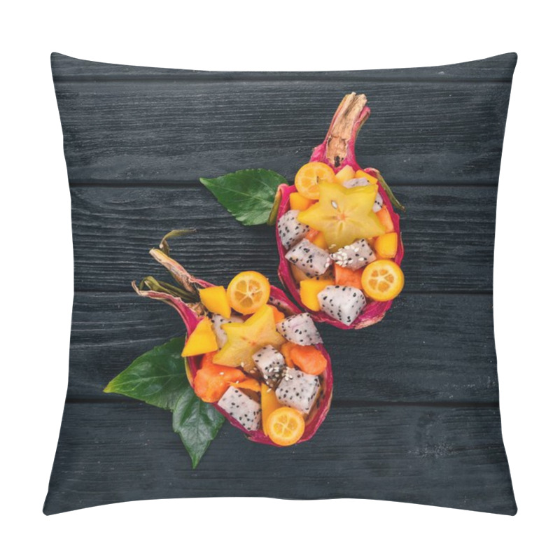 Personality  Tropical Fruit Salad Served In Half A Dragon Fruit. Papaya, Rambutan, Tamarind, Cactus Fruit, Mango. On A Wooden Background. Top View. Pillow Covers