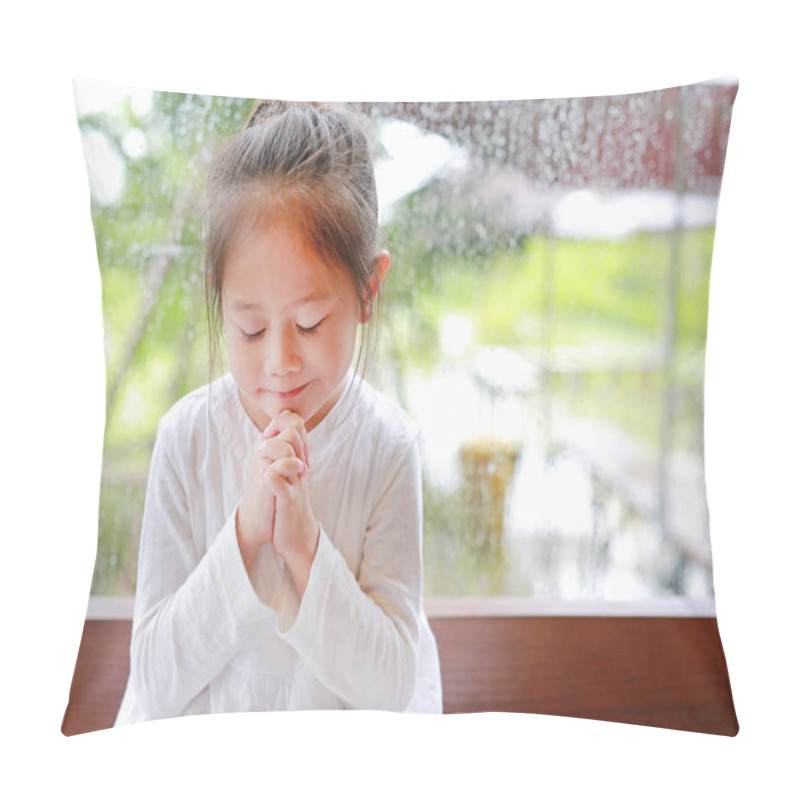 Personality  Adorable Little Asian Girl Praying At Glass Windows On The Raining Day. Spirituality And Religion. Pillow Covers