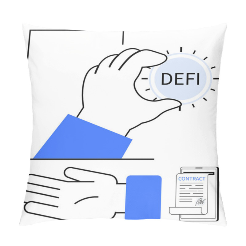 Personality  Hand Holding DEFI Coin, Another Hand, And A Signed Contract On A Mobile Device. Ideal For Cryptocurrency, Blockchain, Finance, Digital Transactions, Smart Contracts Technology Investments. Line Pillow Covers