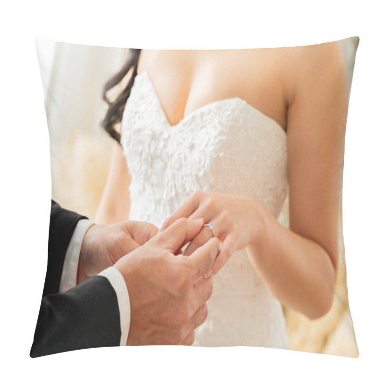 Personality  Close-up Of Groom Placing Diamond Ring On Brides Finger, Symbolizing Eternal Love And Commitment - Wedding Ceremony Concept Pillow Covers