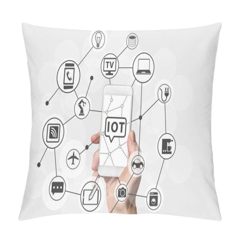 Personality  Internet Of Things (IOT) Concept With Hand Holding Modern White And Silver Smart Phone. Pillow Covers