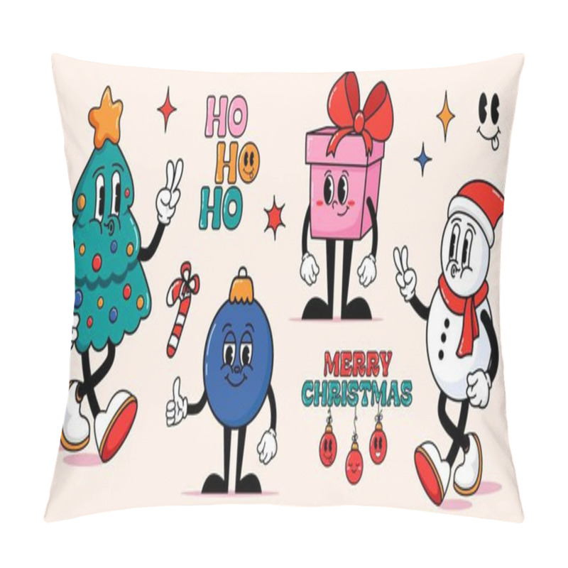 Personality  Christmas Retro Characters. Cartoon Wind-Up Holiday Mascots Of The 70s. Merry Christmas. Comic Christmas Tree, Snowman, Gift, Christmas Tree Toy, Christmas Tree Ball, Lollipop. Vector Set Of Winter Ho Pillow Covers