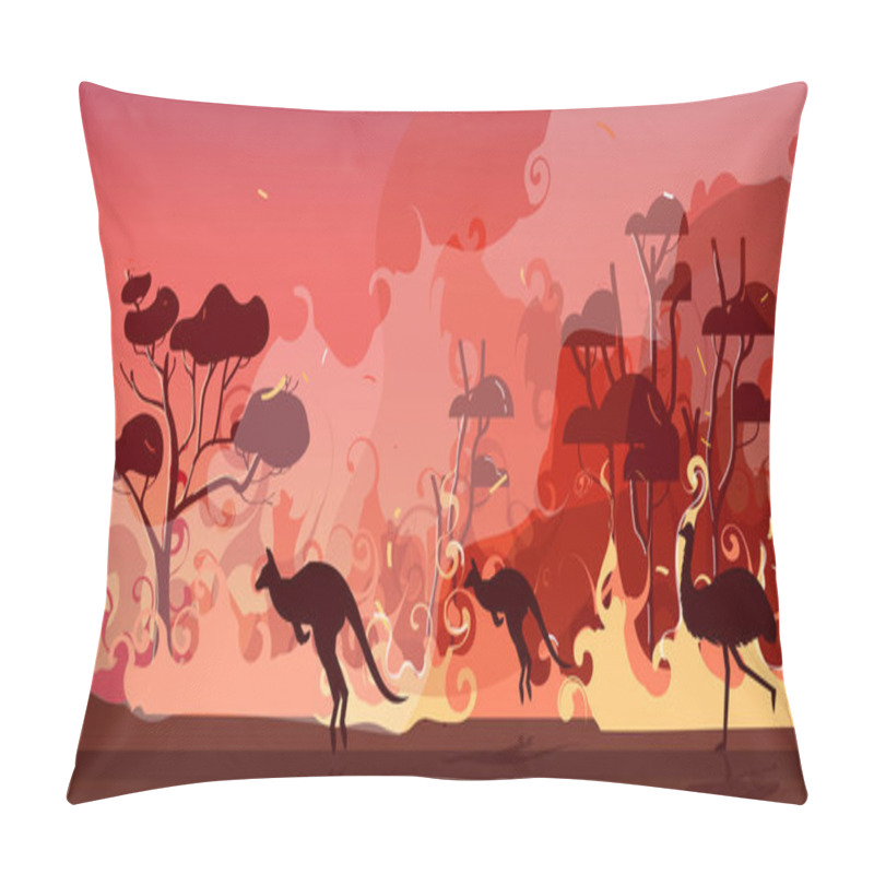 Personality  Australian Animals Silhouettes Running From Forest Fires In Australia Wildfire Bushfire Burning Trees Natural Disaster Concept Intense Orange Flames Horizontal Pillow Covers