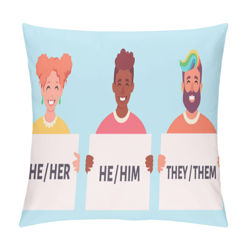 Personality  People Holding Sign With Gender Pronouns. She, He, They, Non-binary. Gender-neutral Movement. Vector Illustration Pillow Covers