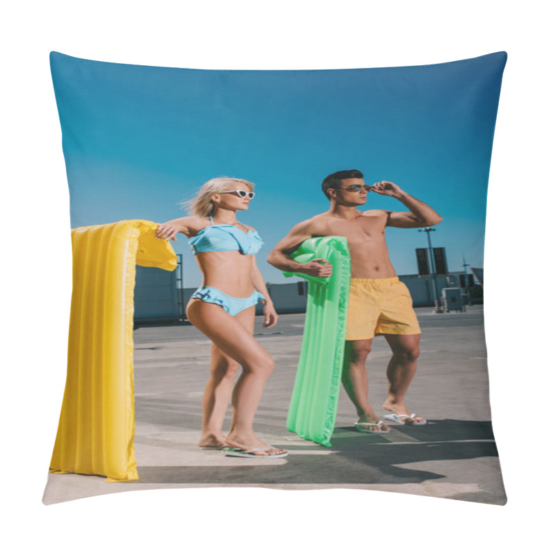 Personality  Young Couple In Beach Clothes With Inflatable Beds Standing On Parking Pillow Covers